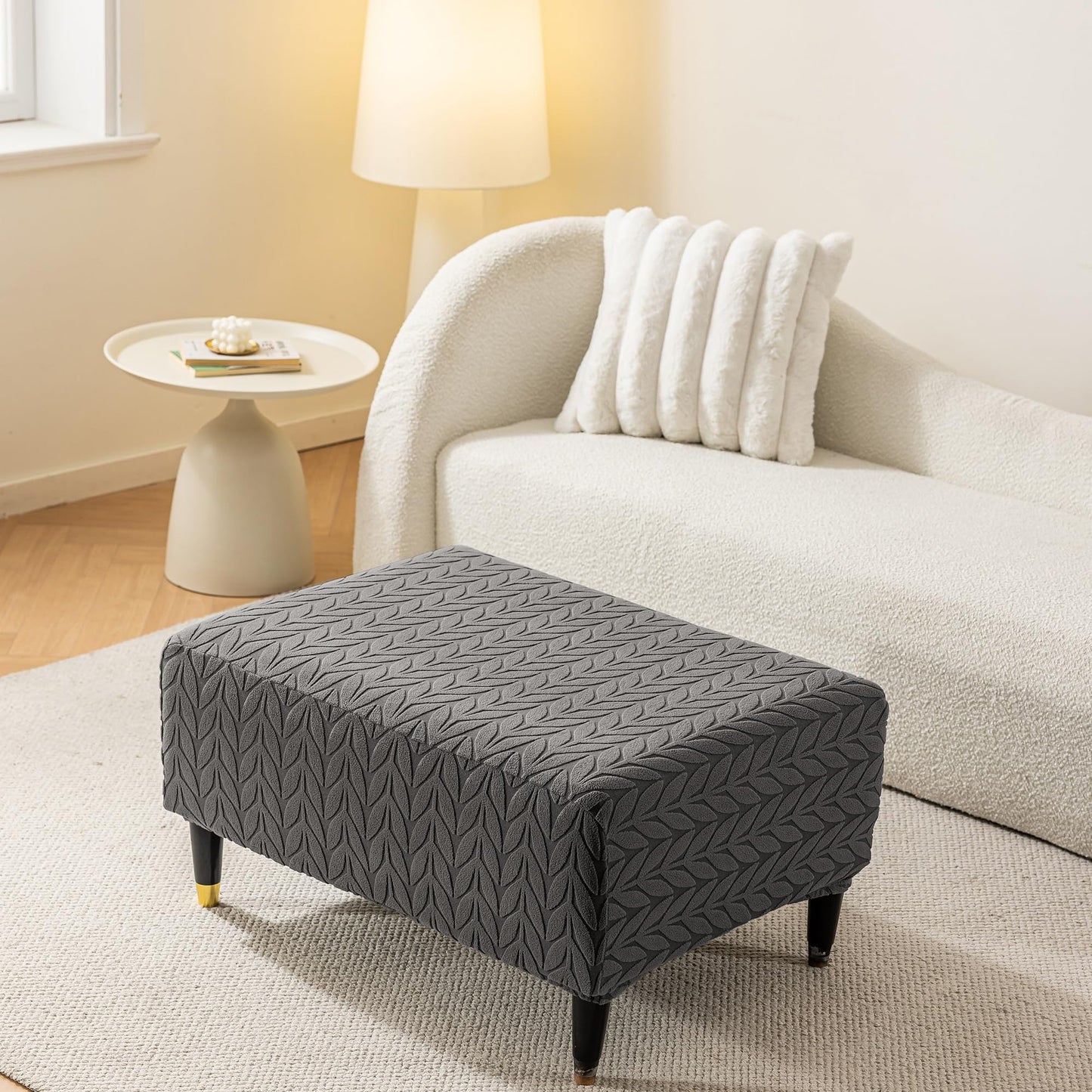 KaviKon Ottoman Cover Slipcover Rectangle Fit Length 25"-30" Stretch Foot Stool Slip Cover, Footrest Slipcovers Protector with Elastic Band, Ottoman Cover Removable Washable(Small,Herringbone Grey)