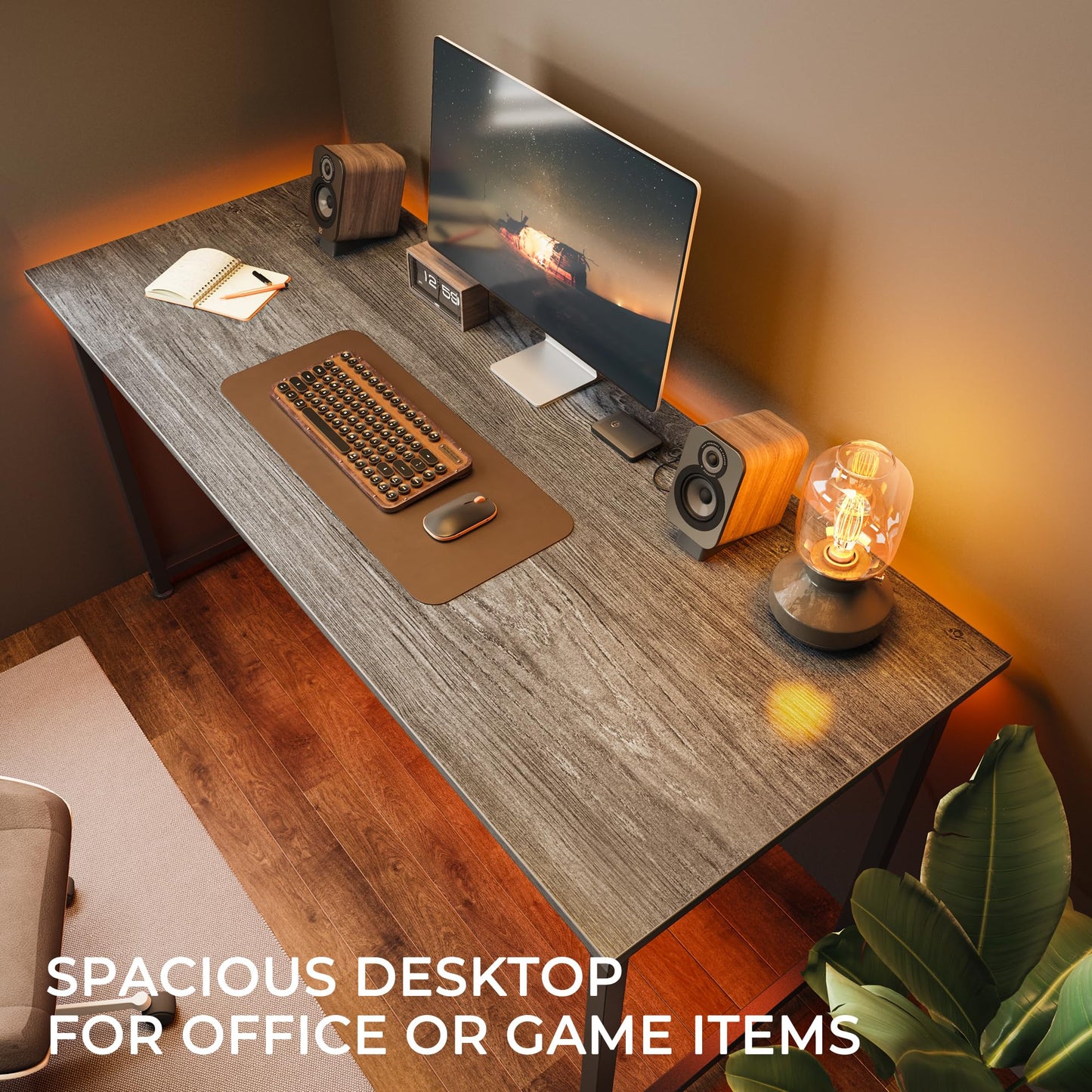 Huuger Computer Desk, 55 Inch Home Office Desk, Gaming Writing Work from Home Study Desk, Large Legroom, Sturdy Metal Frame, Modern Simple, Grey