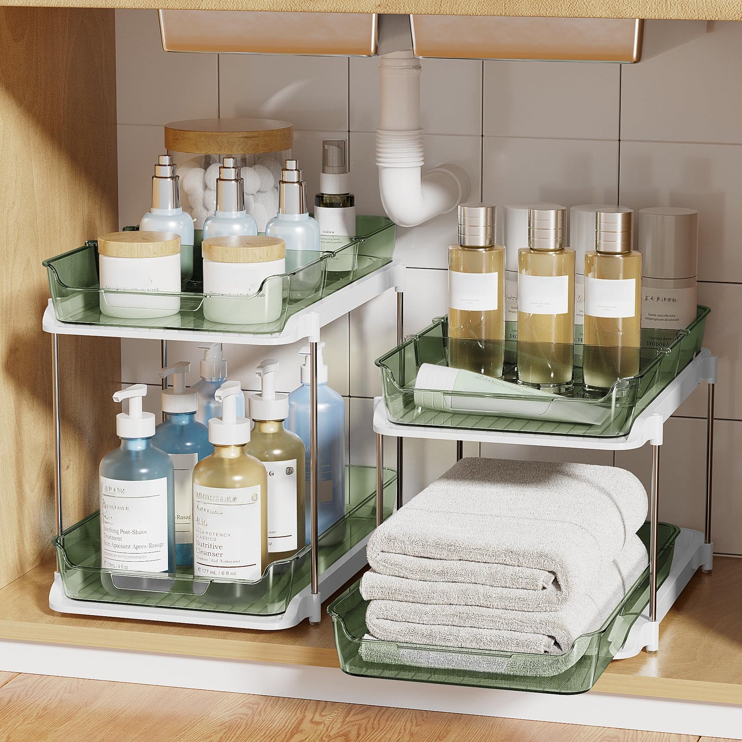 Delamu 2-Tier Multi-Purpose Bathroom Under Sink Organizers and Storage, Stackable Kitchen Pantry Organization, Pull Out Medicine Cabinet Organizer with Movable Dividers, Light Green, 2 Pack
