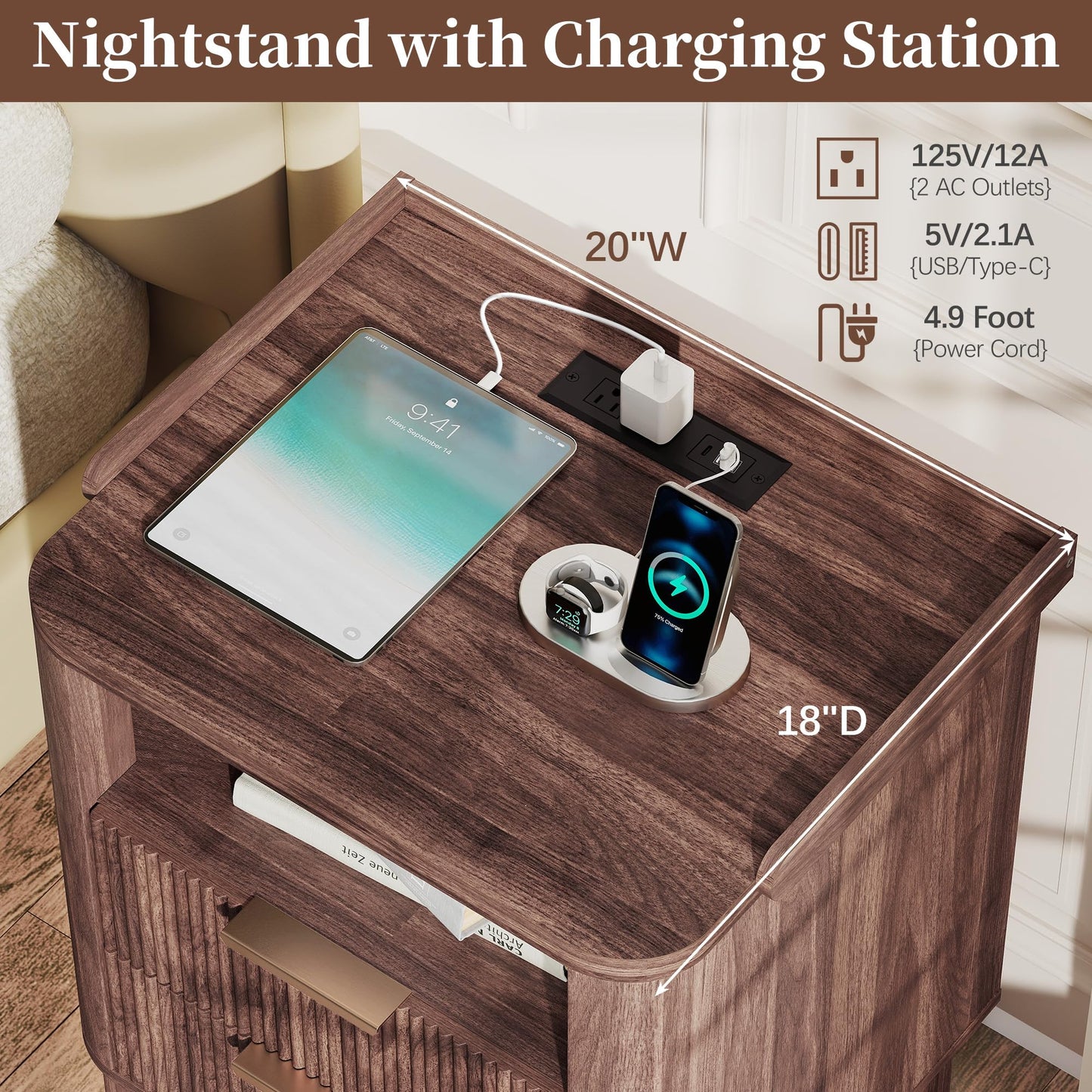 Baoz Walnut Fluted Nightstand with Charging Station & 2 Wooden Drawers