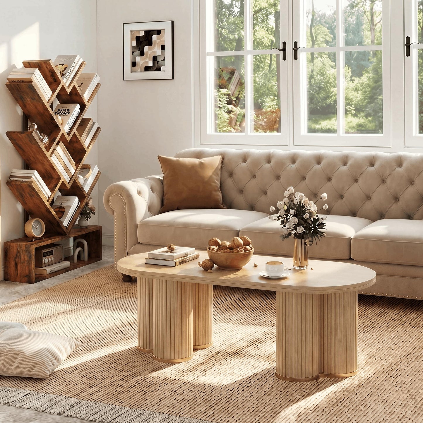 YOSHOOT Oval Fluted Coffee Table for Living Room - 47" Farmhouse Wood Coffee Table Modern Round Center Table for Living Room Home Office, Oak