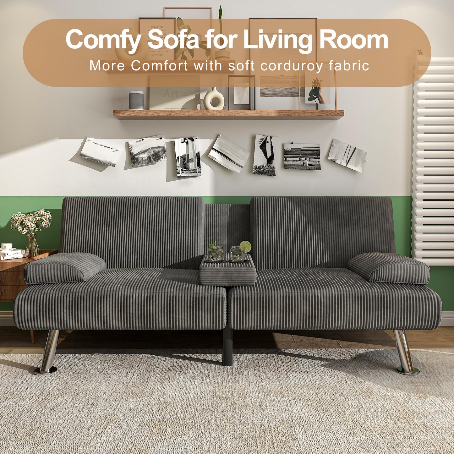 Shahoo Modern Upholstered Convertible Folding Futon Sofa Bed with Removable Armrests, Metal Legs, 2 Cup Holders for Living Room, Grey