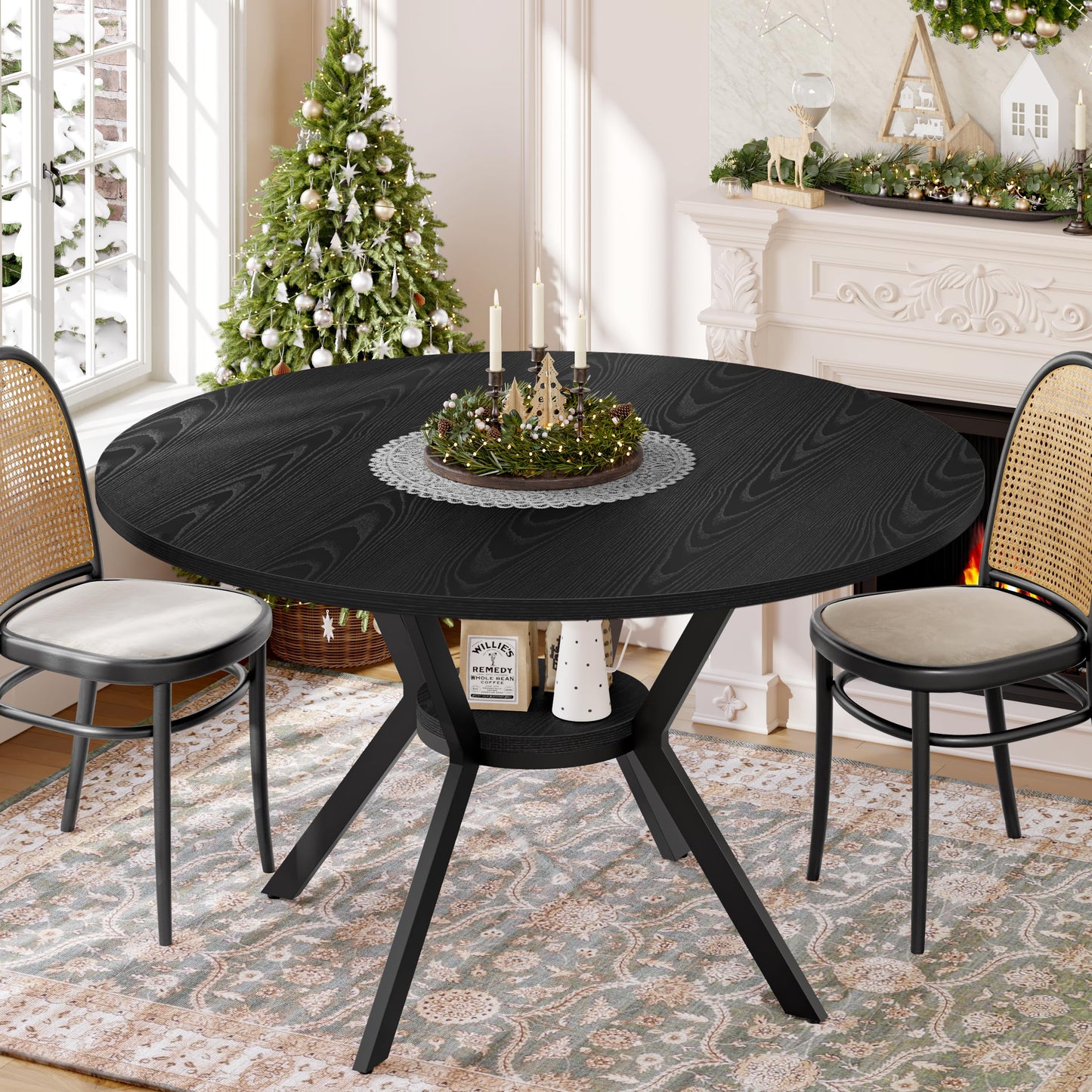 Black Dining Table for 2-4, 42 Inch Round Kitchen Table with Storage, Wooden Circle Dinner Table with Metal Legs, Rustic Mid Century Modern Dining Room Tables for Kitchen, Living Room, Dining Room