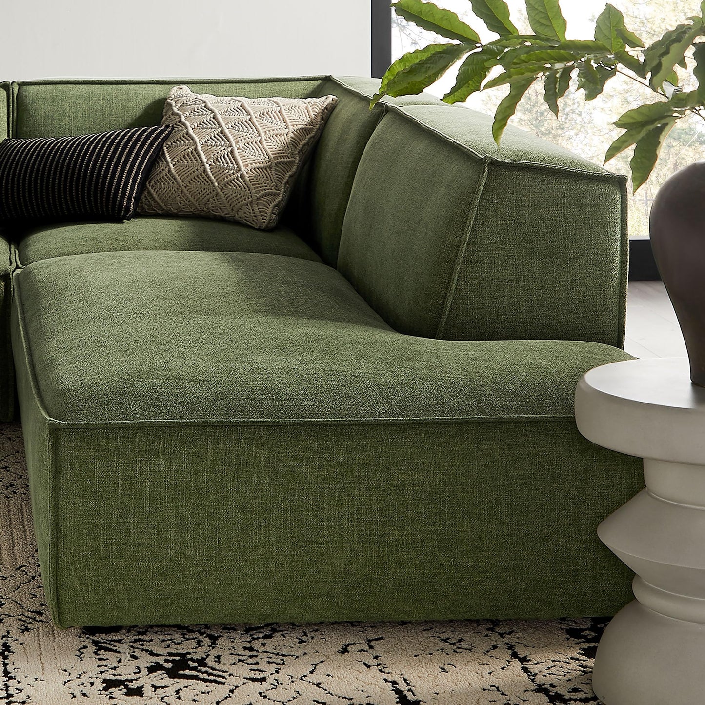 Modway Restore Performance Fabric Upholstered 4-Piece Modular L-Shaped Armless Sectional Sofa in Foliage – Low Profile Couch with Coil Seat Support and French Piping