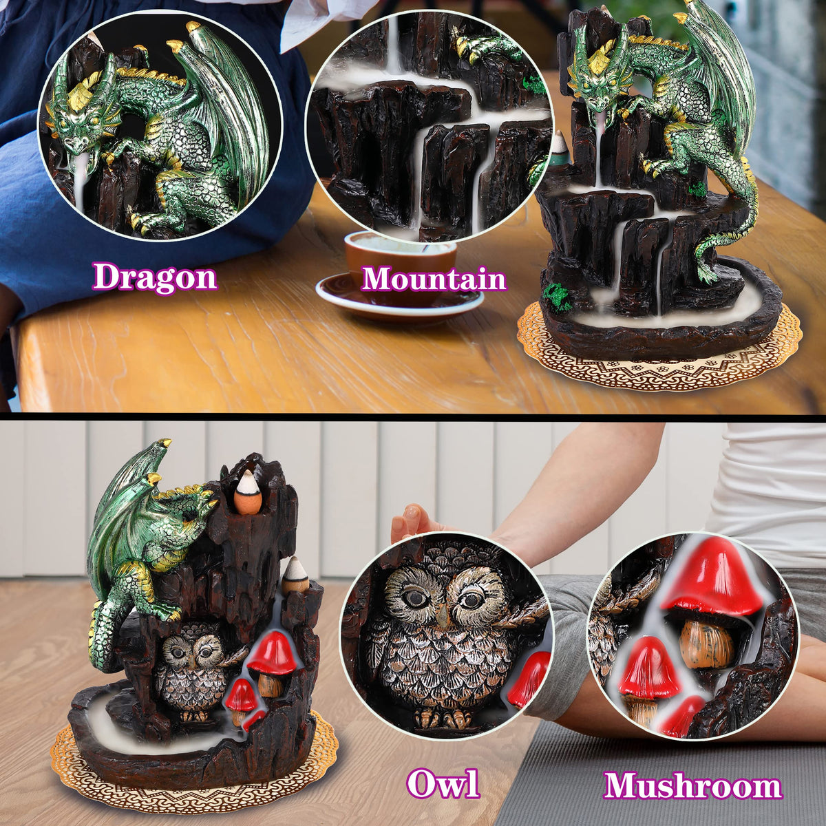 Zvaiuk Dragon Backflow 2 Sided Mountain Waterfall Incense Burner,Fountain Smoke Incense Holder with Backflow Incense Cones, Tweezers, Mat,Resin Aromatherapy Meditation (Green)