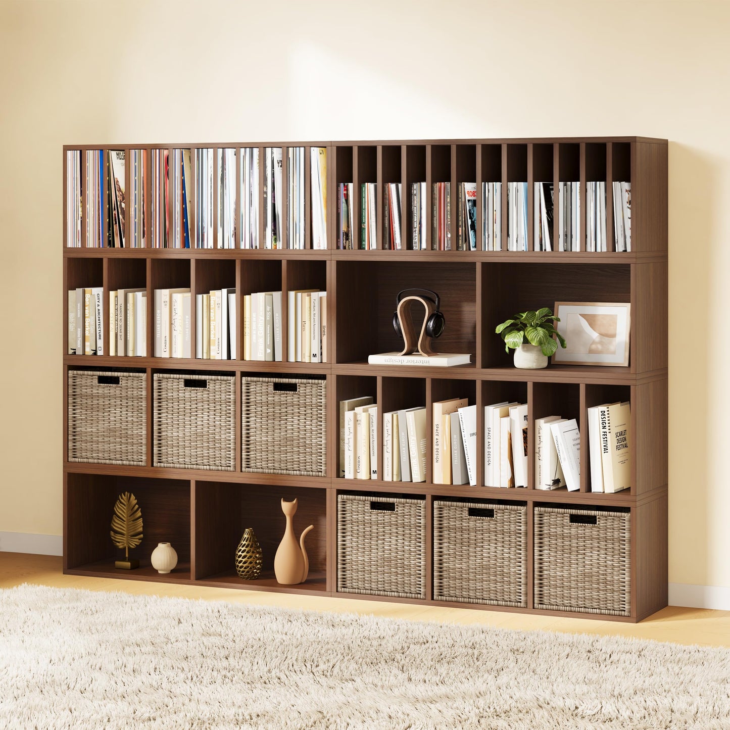 IOTXY DIY Modular Cube Bookcase - CubeXY Customizable Stackable Expandable Combination Set, 23-Cube Open Bookshelf for Books, Fabric Storage Bin, and 7/10-inch Vinyl Record Organizer, Walnut