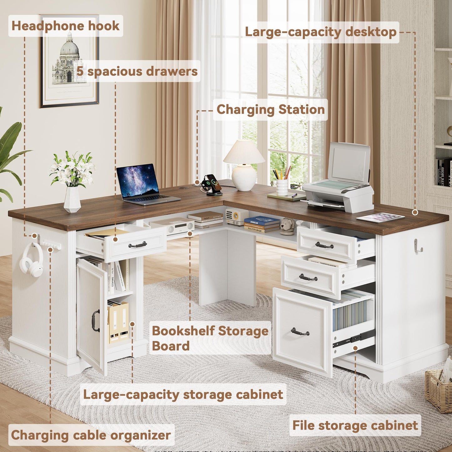 Farmhouse L Shaped Executive Desk with 4 Drawers and Charging Station, Wood Corner Home Office Computer Desk with File Cabinet Storage, Hidden Under Desk Storage Shelf, Headphone Hook - Brown+White