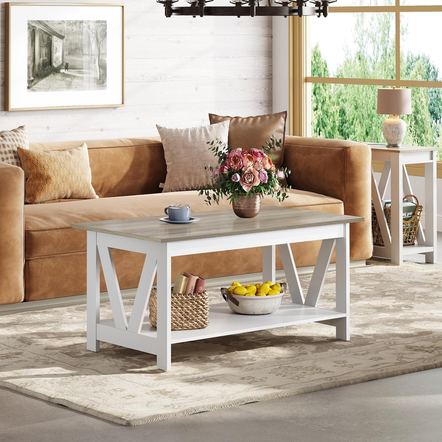 WLIVE Coffee Table for Living Room with Storage Shelf, 39.4" Farmhouse Coffee Table with V-Frame Support, 2-Tier Wood Rustic Center Table for Home Office, Apartment, Greige & White