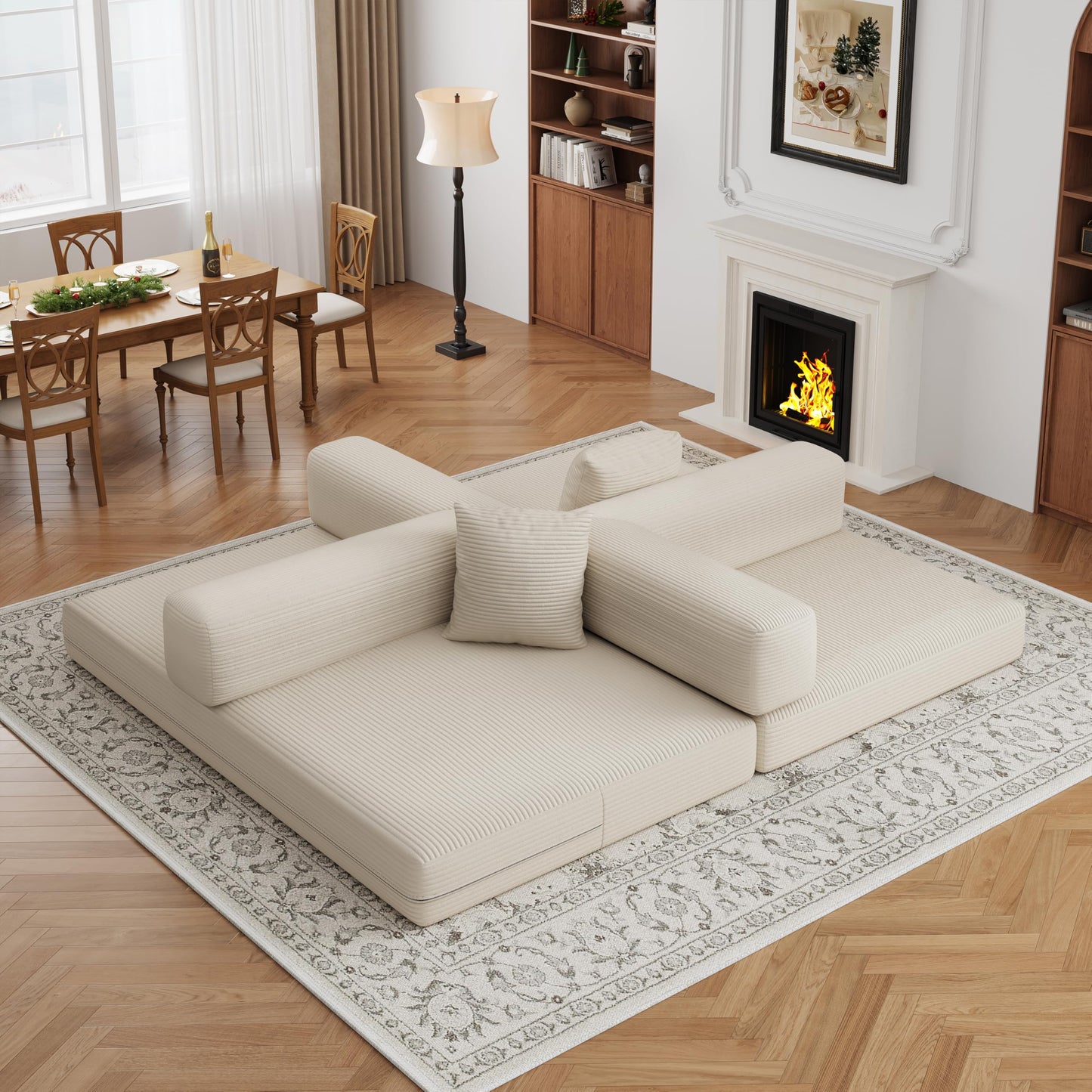59.0 Inch Convertible Sofa Bed, 4-in-1Futon Sofas Bed Pull Out Sleeper Couch, Modern Deep Seat Sofa for Living Room, Corduroy Boneless Couches for Bedroom, Apartment, No Assembly Beige, 2 Seat