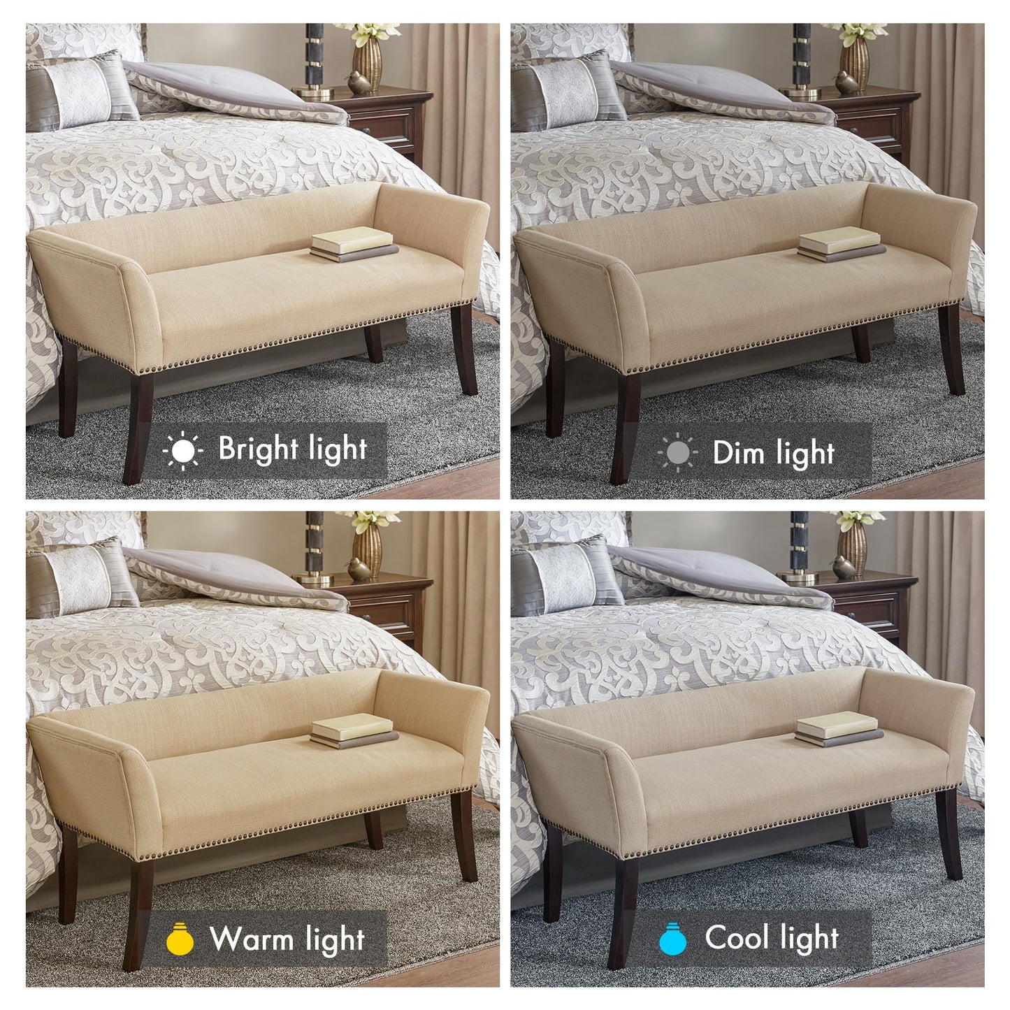 Madison Park Accent Bench, Upholstered with Nailhead Trim, & Padded Seat Entryway Bench Small, End of Bed Bench with Back, 49.5" W x 19.25" D x 23" H, Tan