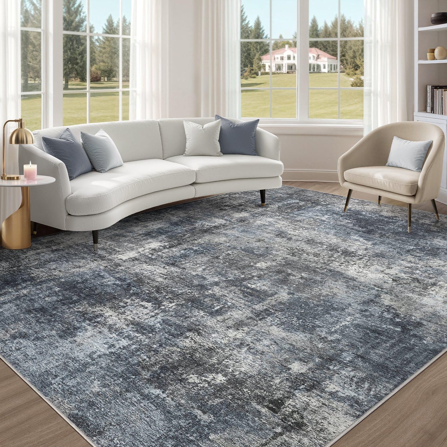 TARANCH Abstract 10x14 Area Rug: Machine Washable Non Slip Ultra Thin Low-Pile Carpet, Soft Stain Resistant for Living Dining Room Bedroom, Kid Pet Friendly, Robot Vacuum Compatible - Dark Grey/Blue
