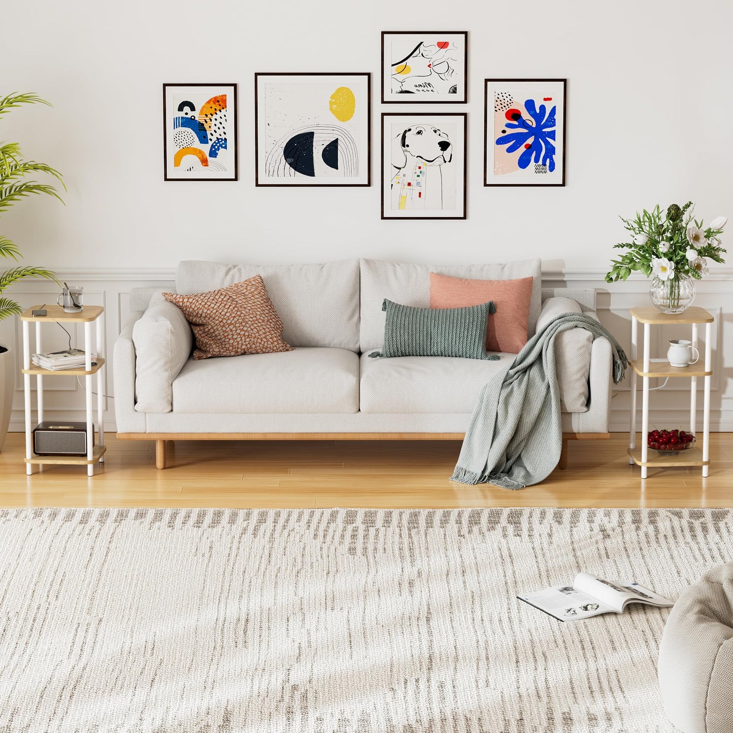 SANLUCE Bamboo End Table with Charging Station, Side Table for Small Space, Small Table Stand, Narrow Wooden Bedside Table Nightstand with Shelves, for Nursery, Living Room, Bedroom, Natural and White