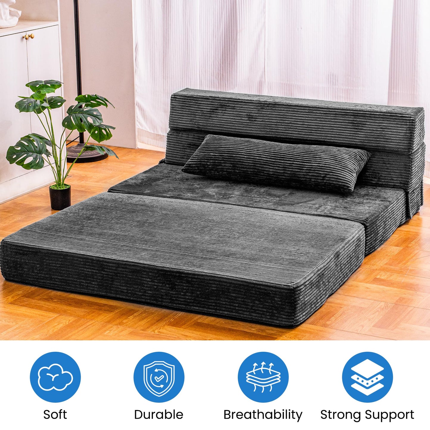Cvortll Folding Sofa Bed, Convertible Sleeper Chair with Pillow, High Density Memory Foam Fold Out Couch, Foldable Mattress Futon Sofa for Living Room/Dorm/Guest Use/Apartment/Home Office