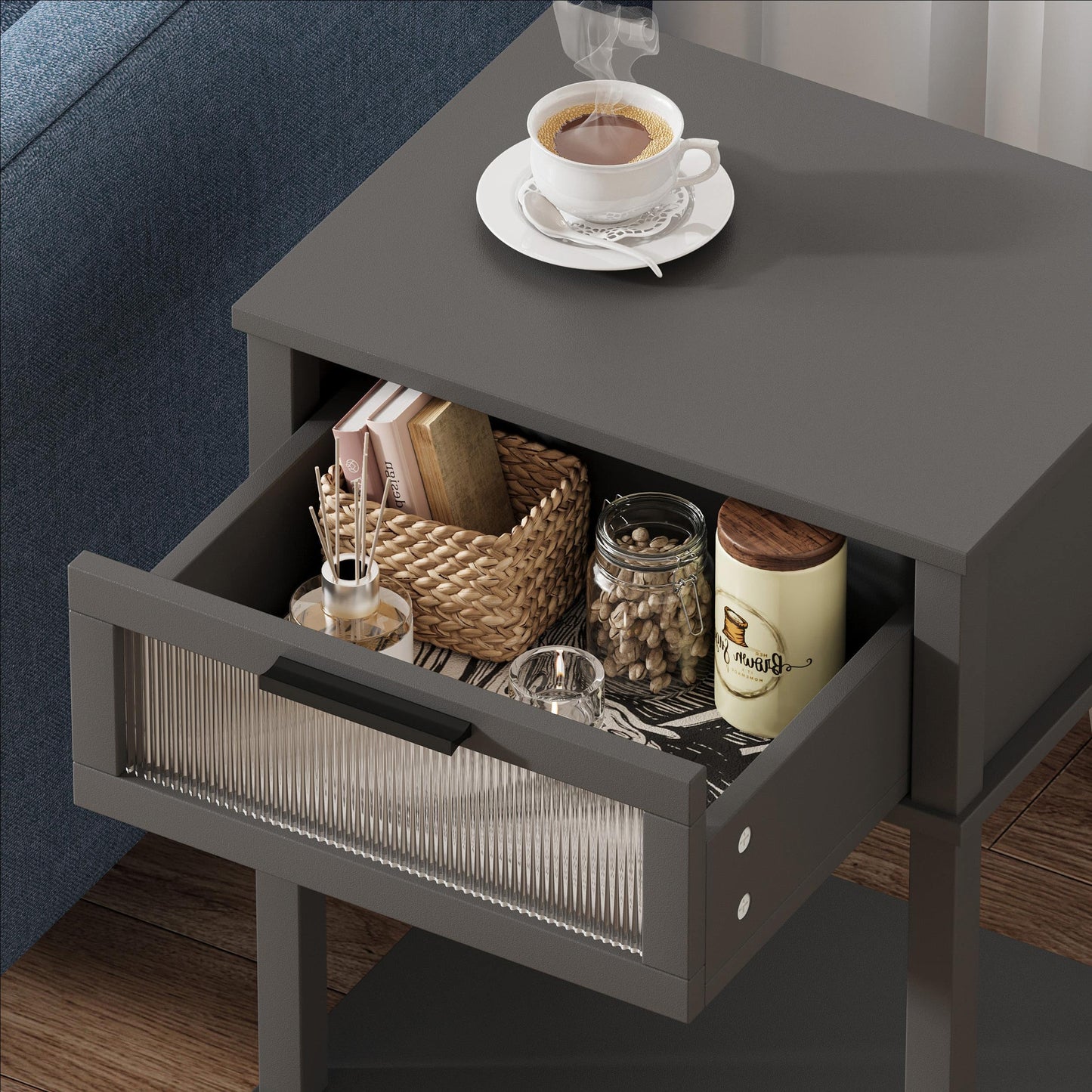 Nightstand Wooden Bedside Table with Drawer Grey Night Stands Modern Style Small End Table Side Table with Storage Shelf for Bedroom Living Room MLBZ10G