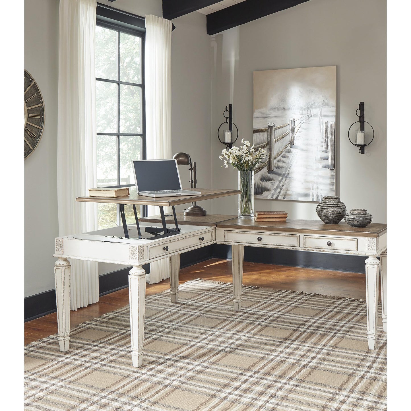 Signature Design by Ashley Realyn Home Office Lift Top Desk, USB Charging, Spring Lift Top, Smooth-gliding Drawer, 60" W x 28" D x 31" H, Chipped White and Brown