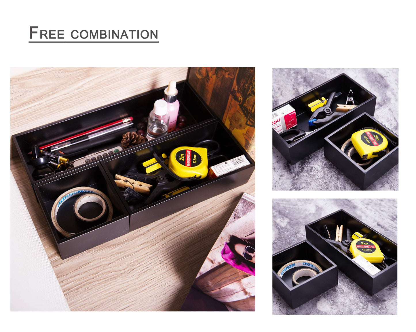 Sansnow Bamboo Drawer Organizer Box for Office Home Black Orgnizer Boxes Office Organizer Boxes, Black 12"*4"