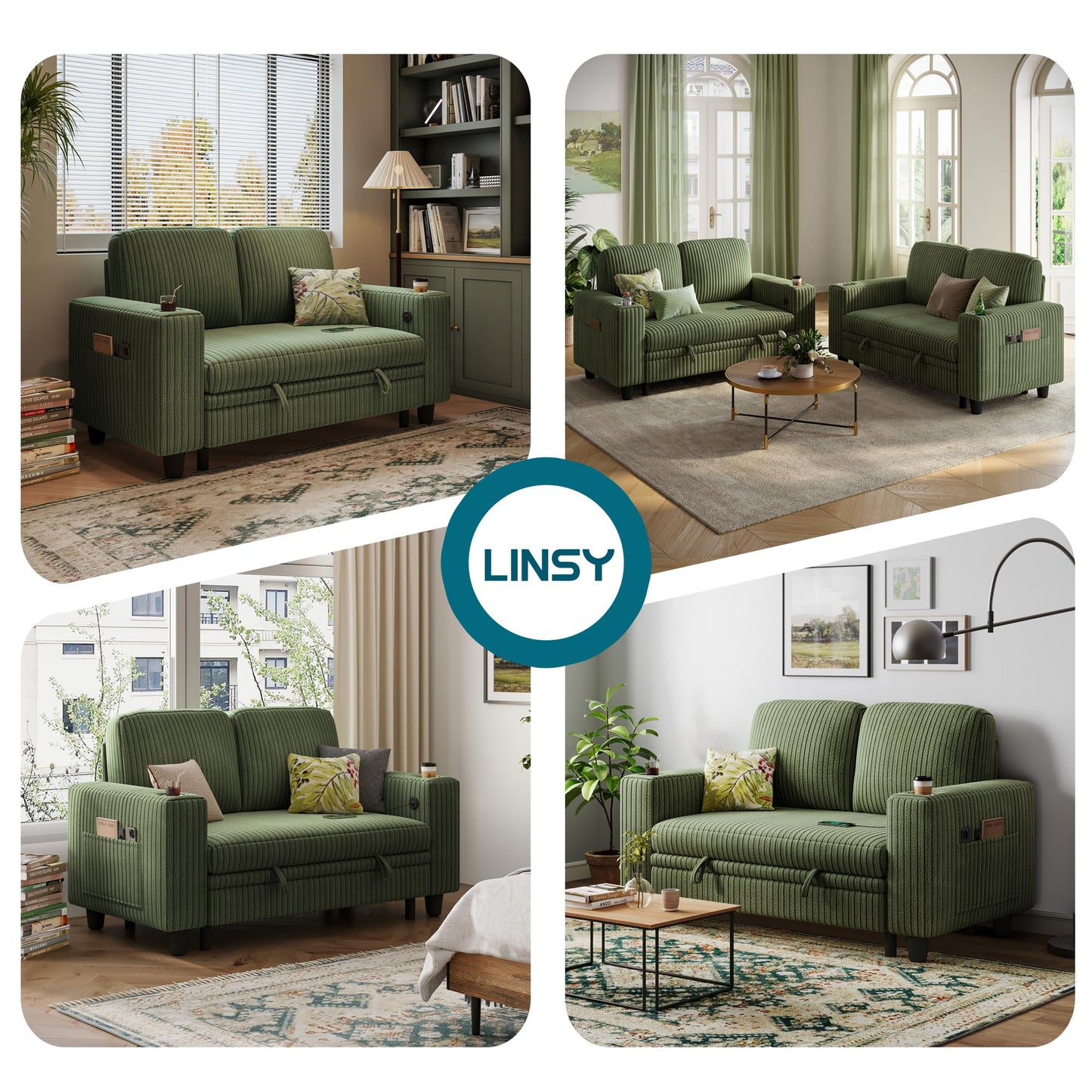 LINSY HOME Loveseat Sofa with Pull Out Couch Chaise: 2-in-1 Convertible 2 Seater Sofa with USB Charging & Cup Holders, Comfy Plush Corduroy Love Seat for Small Spaces Living Room Apartment, Green