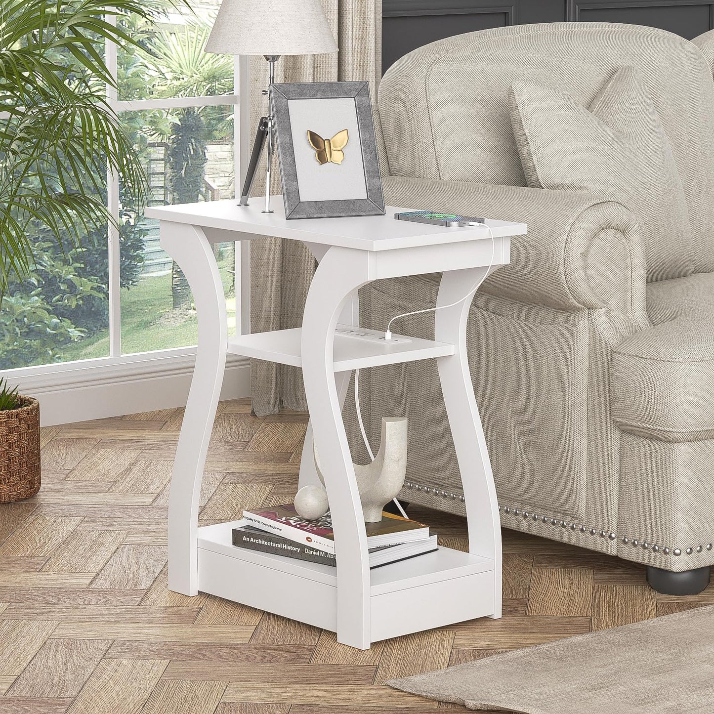 FROMJBEST End Tables Living Room Set of 2,End White Table with Charging Station, Side Table, Nightstand for Bedroom, 3 Tier End Table with Storage Shelf for Living Room White
