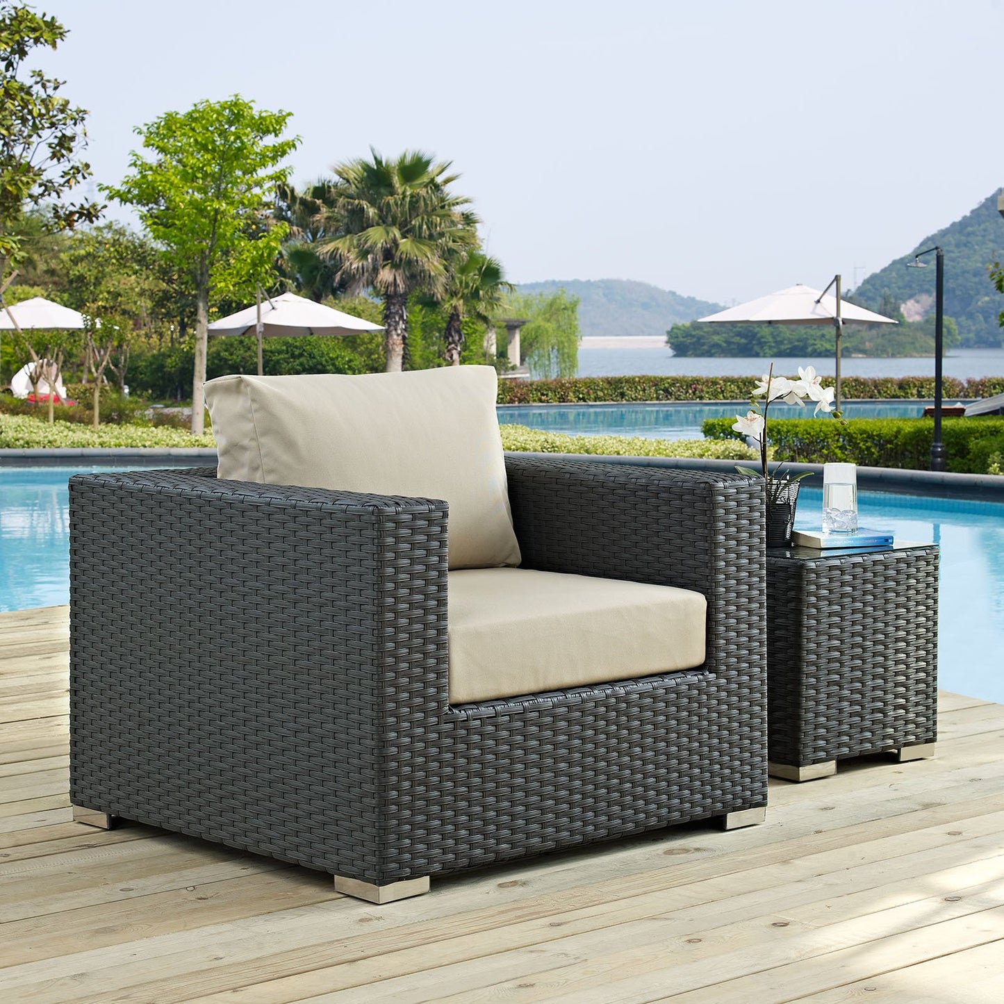 Modway EEI-1850-CHC-BEI Sojourn Wicker Rattan Outdoor Patio Coffee Table, Armchair, Canvas Antique Beige