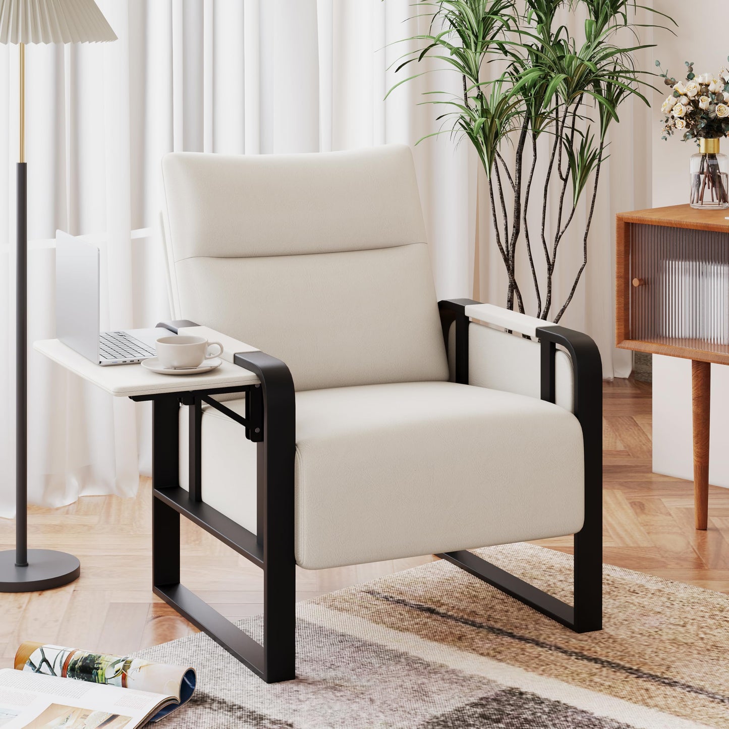 Upholstered Living Room Chair Armchair, Mid Century Faux Leather Metal Accent Chair, Reception Couch Office Guest Chair Slipper Club Lounge Single Sofa with Sidetable for Bedroom-Beige