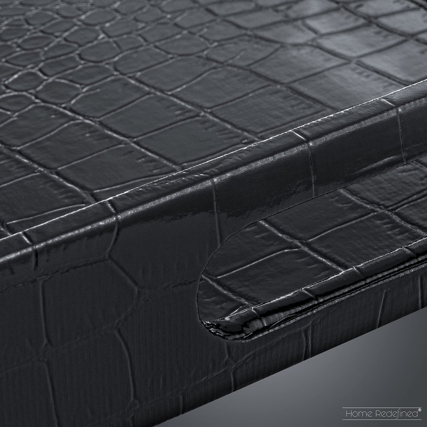 Black Leather Serving Tray with Handles, Glossy Faux Crocodile Print, 17.5x12 Food Drinks Tray for Coffee Table, Breakfast, Dinner & Bar, Decorative Storage Tray for Ottoman, Kitchen, Bedroom, Gift.