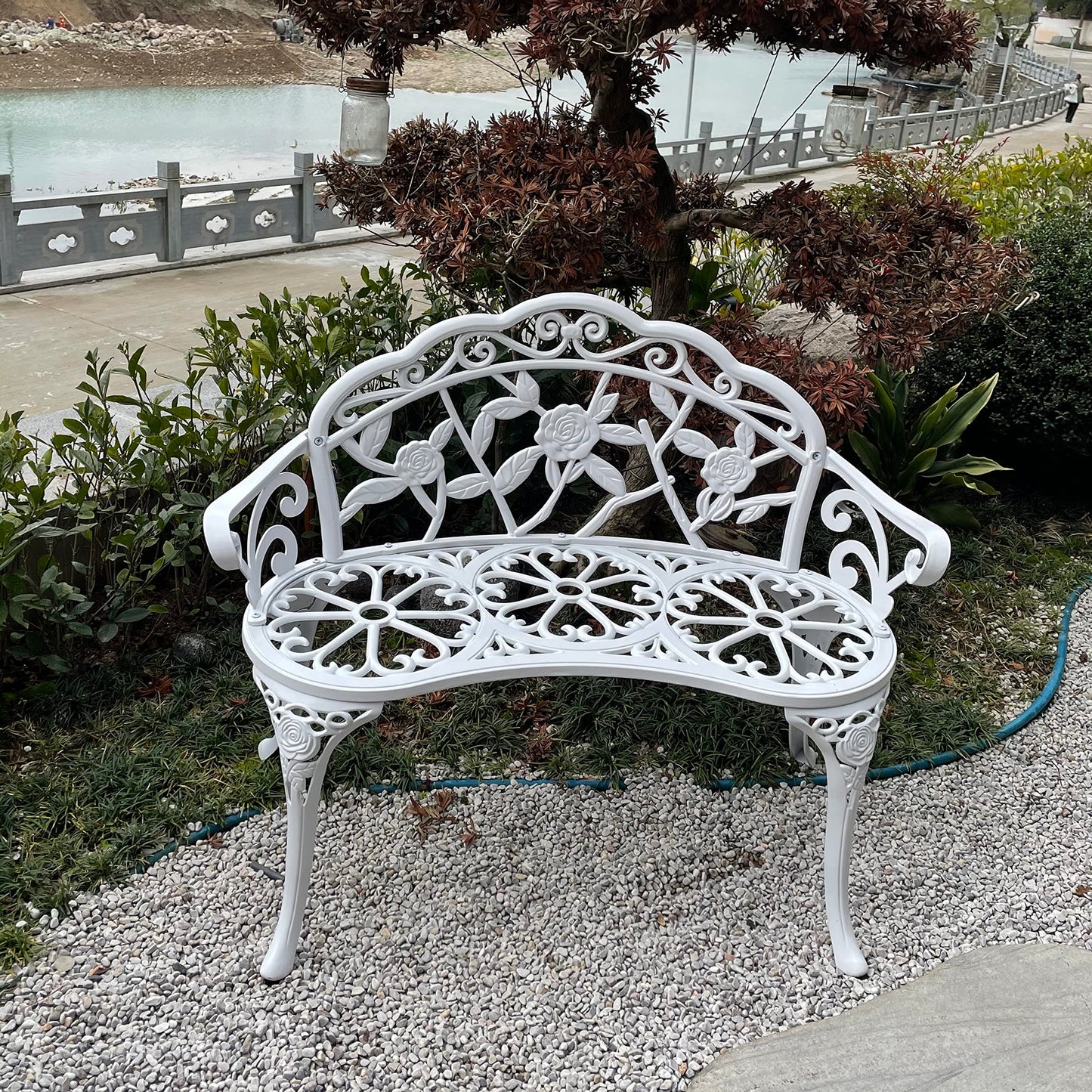 Mandolin Outdoor Benc Park Garden Chair,All Chair Anti Rust Cast Aluminum Patio Yard Bench,Carved Rose Loveseat Bench for Backyard .Porch.Balcony.Lawn (White)