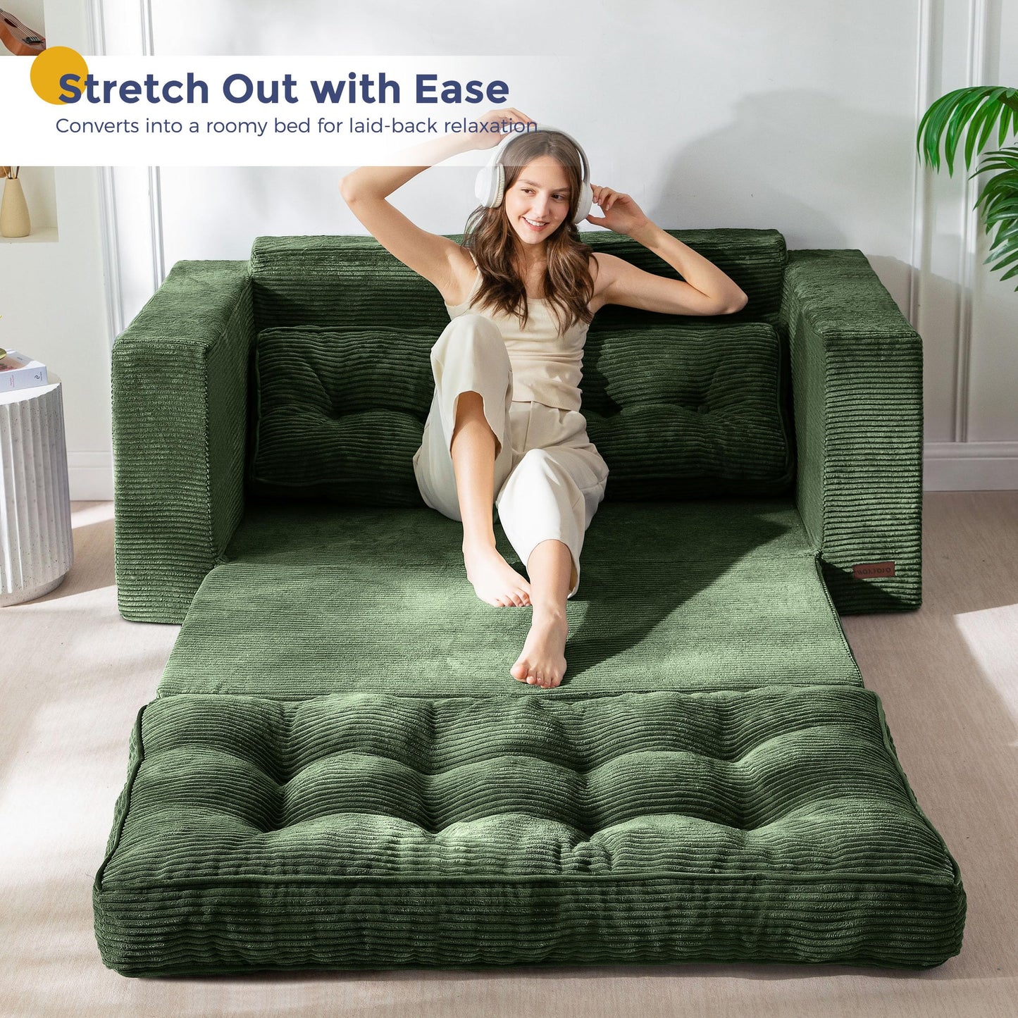 MAXYOYO Convertible Sofa Bed, Pull Out Loveseat Sofa Couch, 2 in 1 Folding Couch Bed, Fold Out Floor Couch with Pillows for Living Room Bedroom Lounge, Dark Green