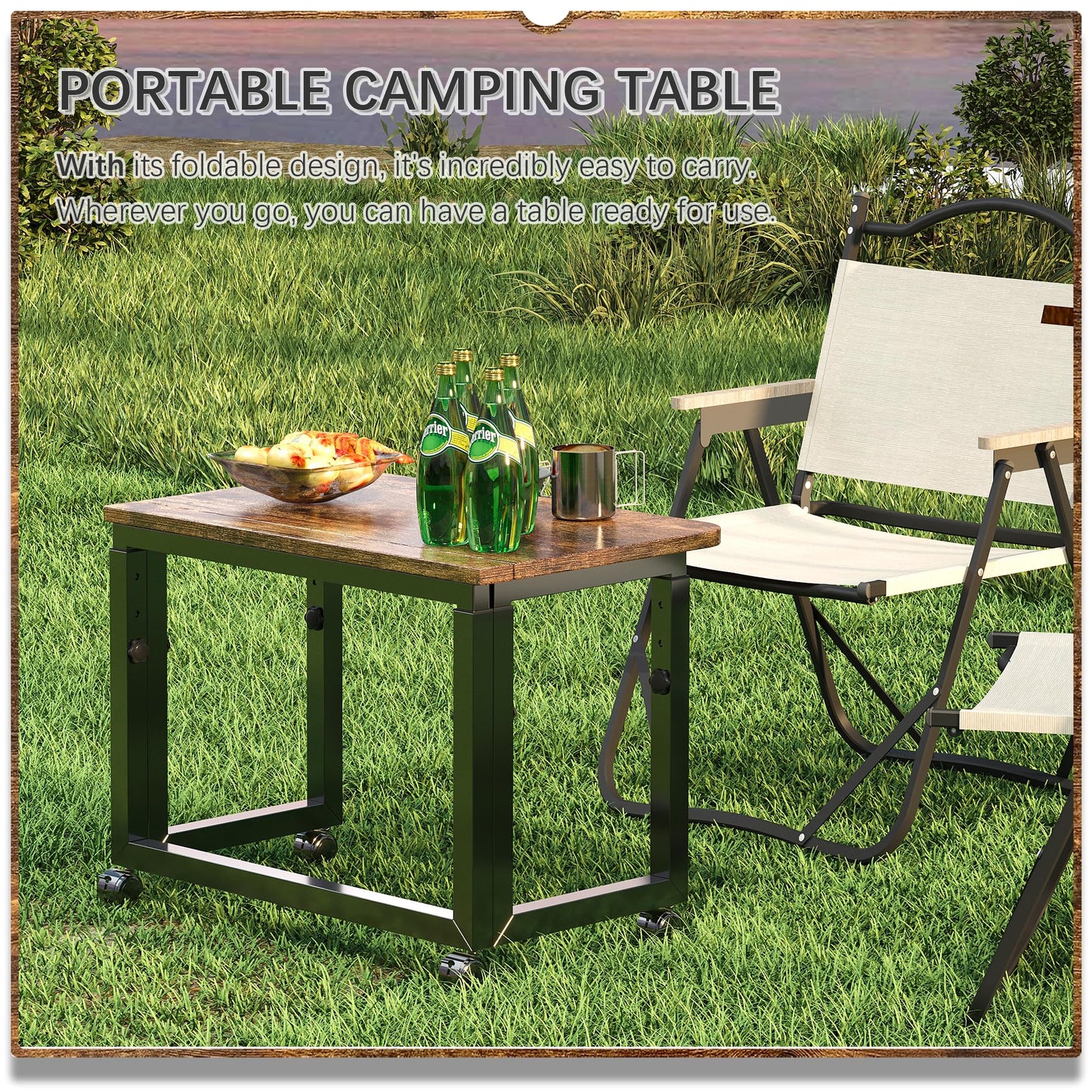 4NM No Tool Assembly 23.6" Small Desk, Folding Portable Desk with Wheels, Adjustable Height Foldable Computer Home Office Desks, Collapsible Study Writing Table for Space Saving Bedroom - Rustic Brown