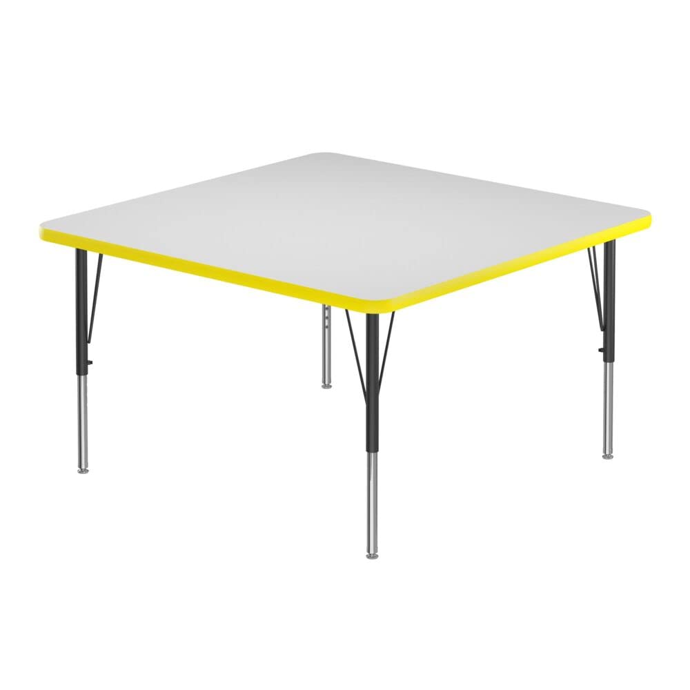 Correll 48" Square Classroom Activity Table, Height Adjustable (19"-29") Markerboard/Dry Erase Durable High Pressure Top, Yellow Edge, Black/Chrome Legs, School Furniture, Made in The USA