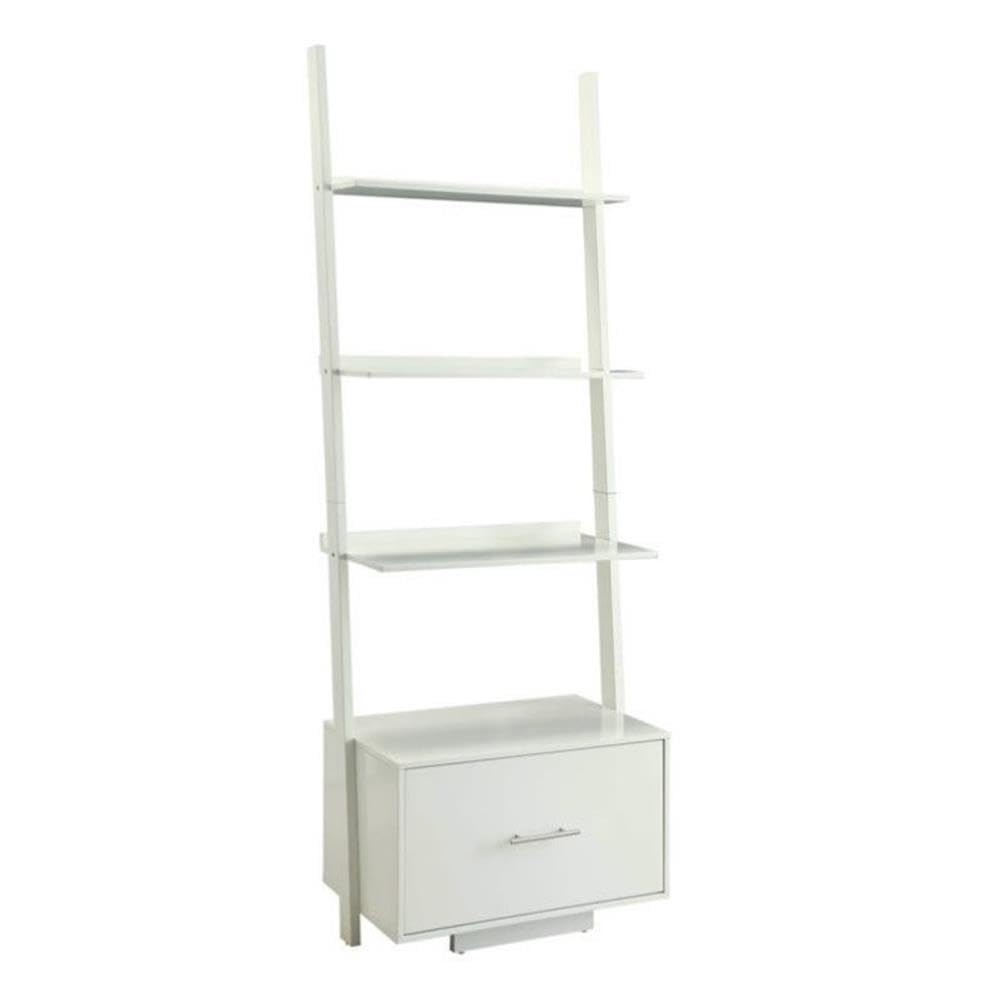 Convenience Concepts American Heritage Ladder Bookshelf with File Drawer 24.75" - Classic Living Room Bookcase with Filing Cabinet for Office, Den, White