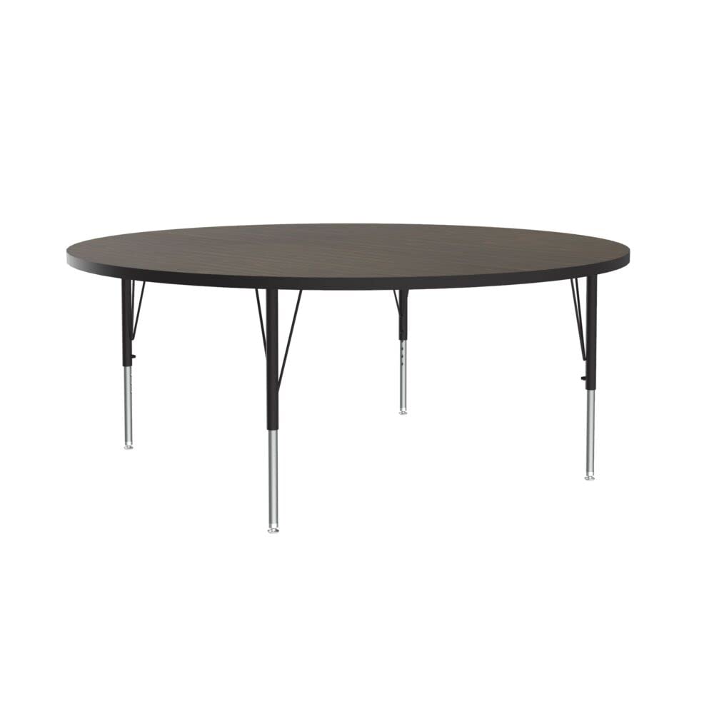 Correll 60" Round Econoline Classroom Activity Table, Walnut Melamine Top, Height Adjustable (19"-29"), Black/Chrome Legs, School Furniture, Made in The USA