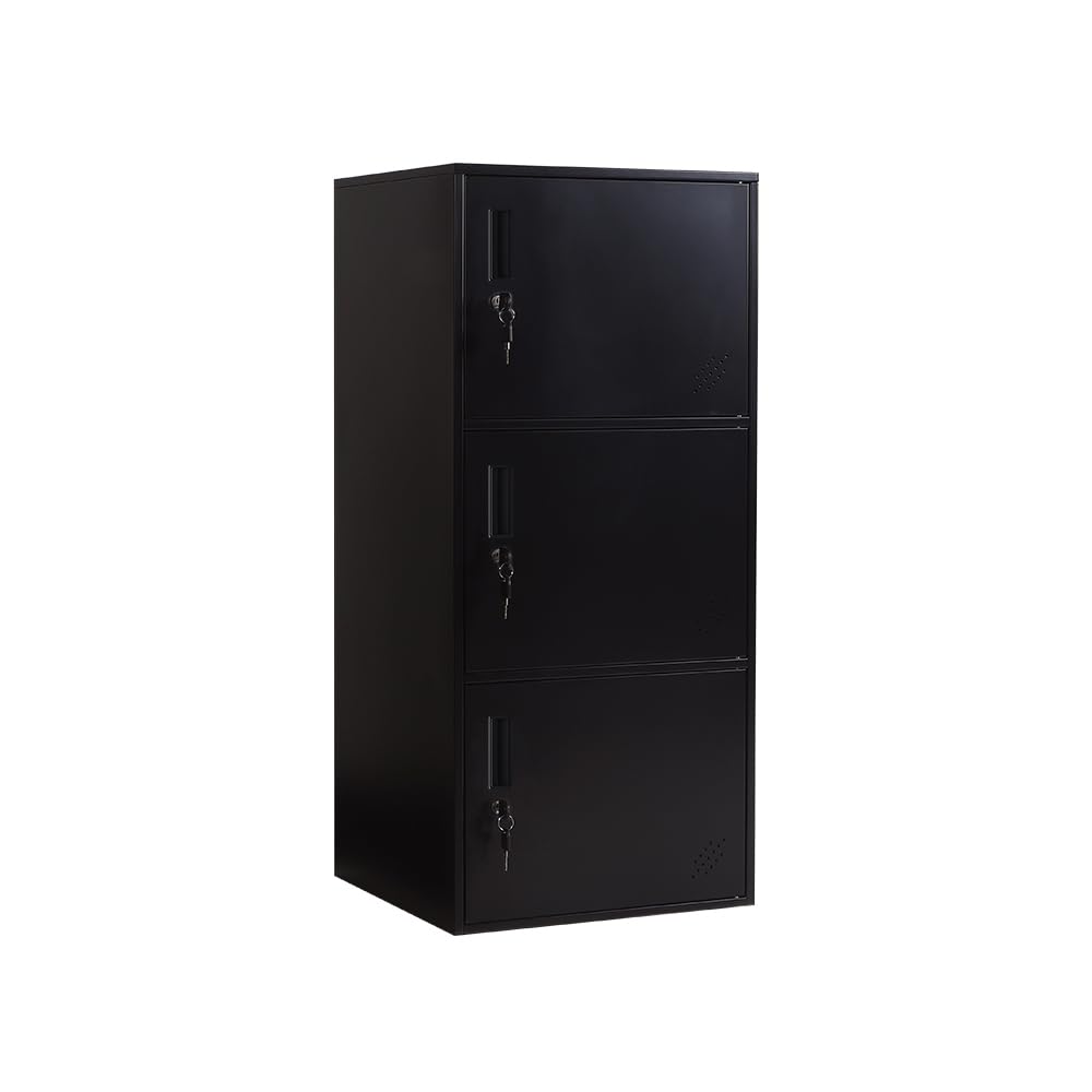 DAYTOYS 3 Door Metal Vertical Storage Locker for Kids Bedroom, Children Room, School, Office, Home,Stackable Steel Storage Cabinet for Toys, Sports Equipment,Anti-Falling Device. (3D, Black)