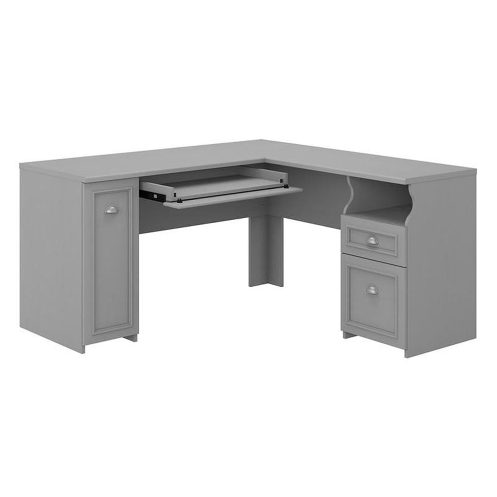 Bush Furniture L Shaped Desk with Drawers and Storage Cabinet with Charming Antique Pewter Accents | Fairview Collection Corner Computer Table for Home Office | 60Wx60Dx31H