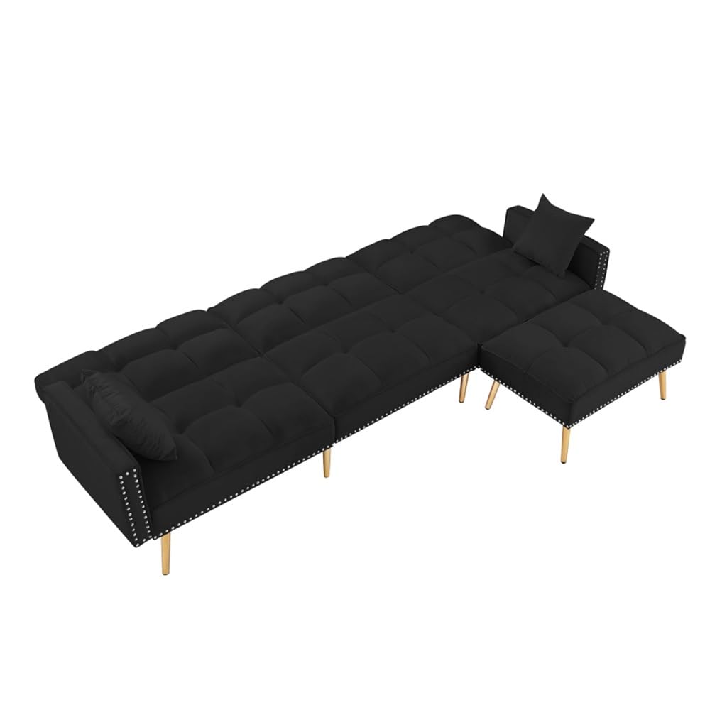 YWMLFZ Black Living Room Sofa Velvet Upholstered Reversible Modular Bed L-Shaped with Metal Legs