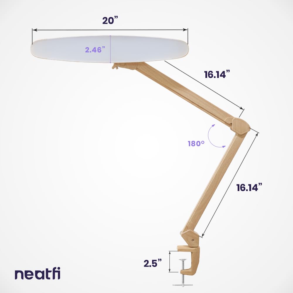 Neatfi XL 2200 Lumens 24W LED Desk Lamp – Shadow-Free Task Lighting | 4-Level Dimming | Home Office & Crafts Use | 20-Inch Wide Head (Brown Wood, Non-CCT with Clamp)