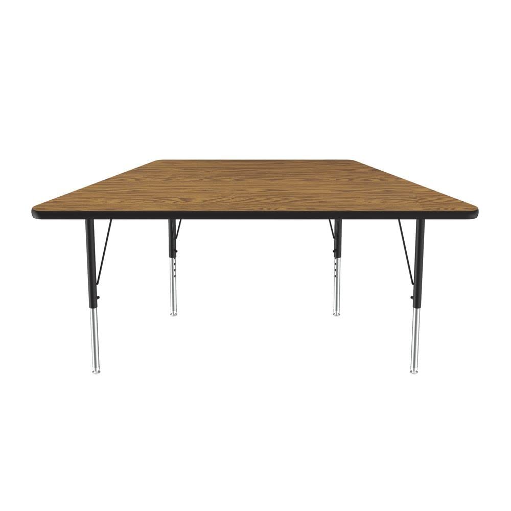 Correll 30"x60" Trapezoid Shaped Econoline Classroom Activity Table, Medium Oak Melamine Top, Height Adjustable (19"-29"), Black/Chrome Legs, School Furniture, Made in The USA