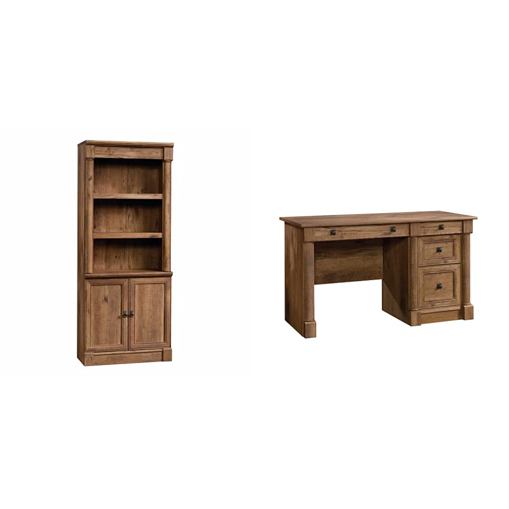 Sauder Palladia Library with Doors/Book Shelf Palladia Computer Desk, Vintage Oak Finish