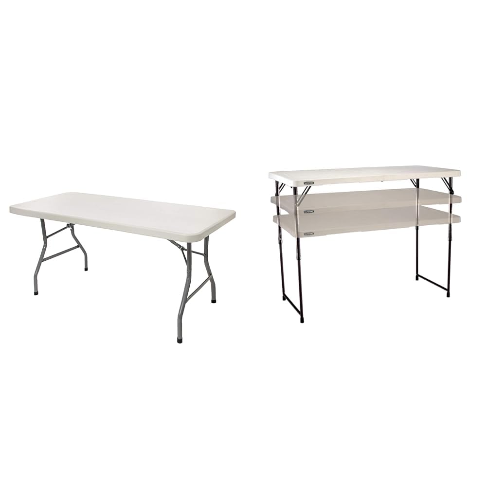 OEF Furnishings 5 Foot Heavy Duty Folding Table, 30" x 60", Light Grey & Lifetime 80160 Commercial Height Adjustable Folding Utility Table, 4 Feet, White Granite