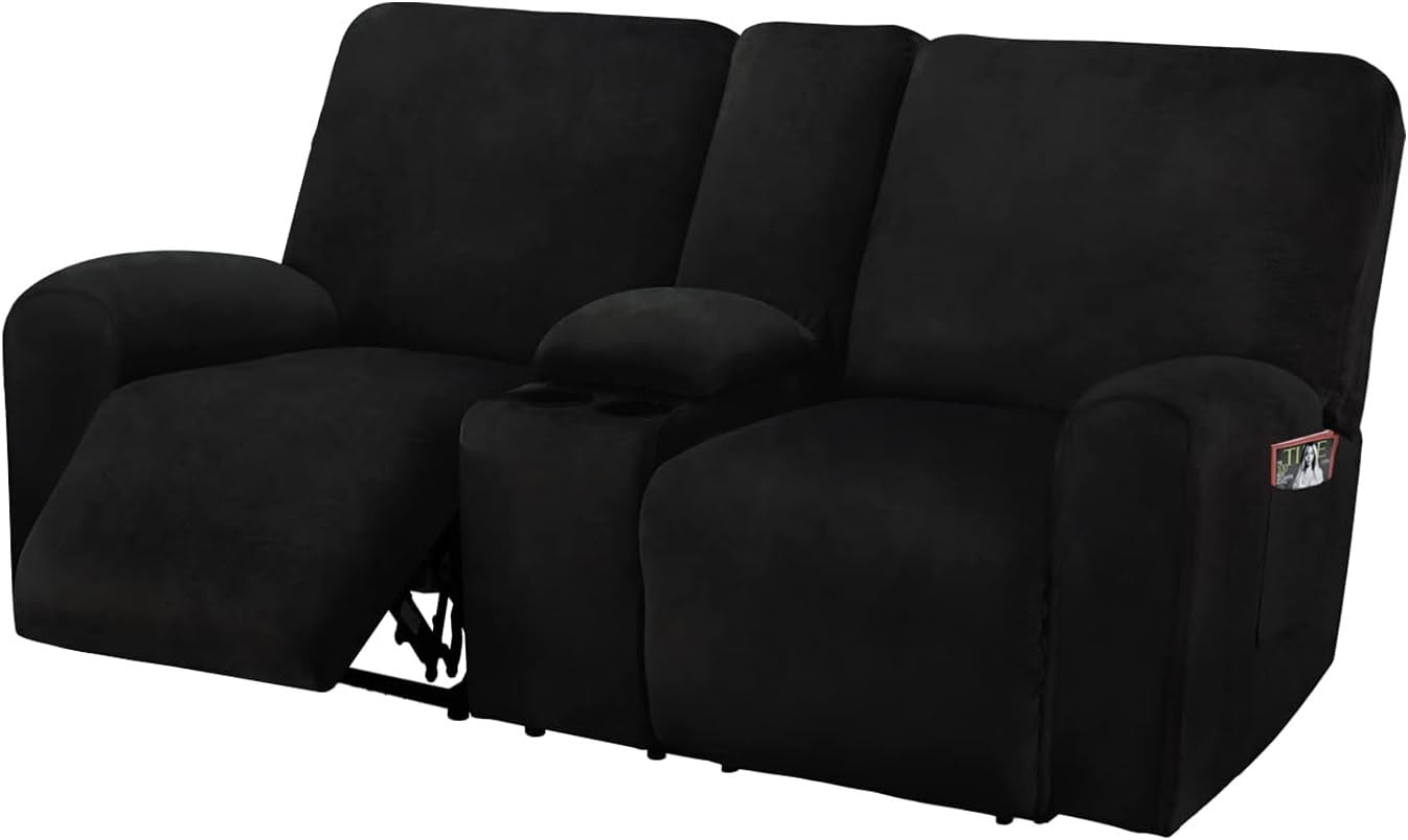 ULTICOR Reclining Loveseat with Middle Console Slipcover, 8-Piece Velvet Stretch Loveseat Reclining Sofa Covers, 2 Thick, Soft, Washable, Covers ONLY (Black)