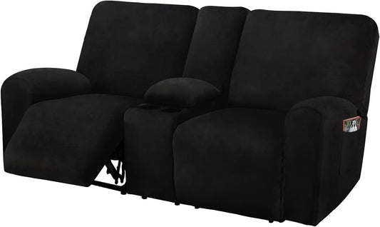 ULTICOR Reclining Loveseat with Middle Console Slipcover, 8-Piece Velvet Stretch Loveseat Reclining Sofa Covers, 2 Thick, Soft, Washable, Covers ONLY (Black)