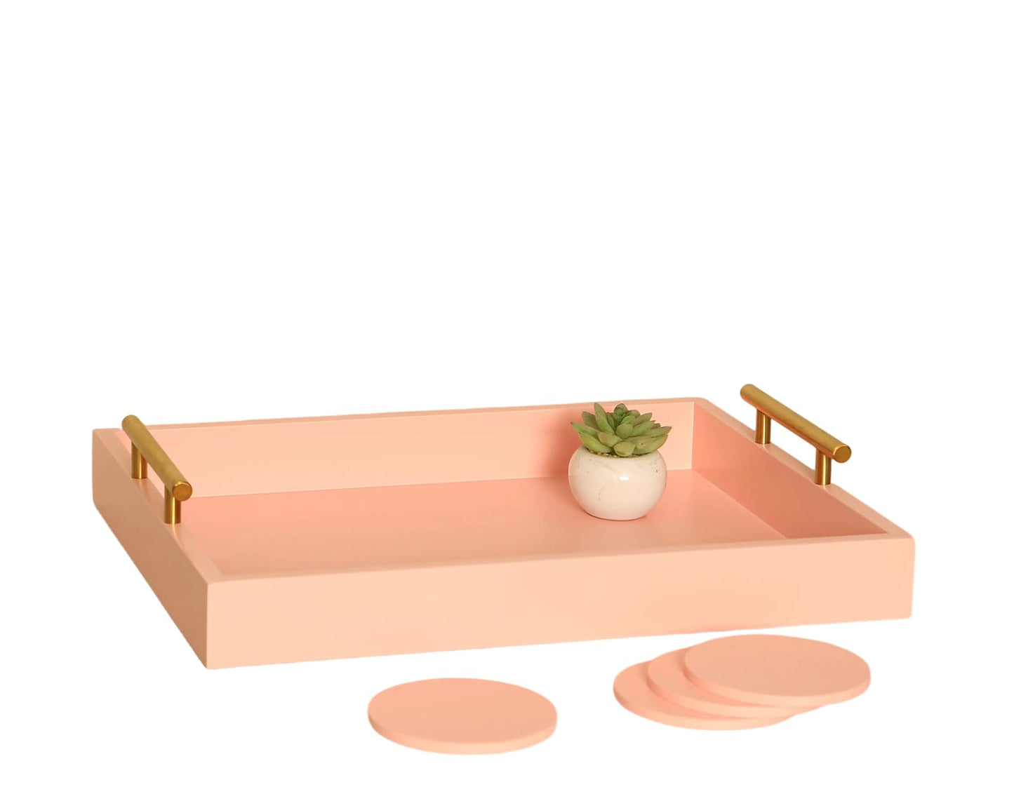 Juleduo Serving Tray 16.5“X 13“ Deluxe Wooden Ottoman Tray, Food Tray for Eating, Dinner Trays for Eating on Couch Coffee Table with Polished Gold Metal Handles-4 Round Coasters Included（Pink）