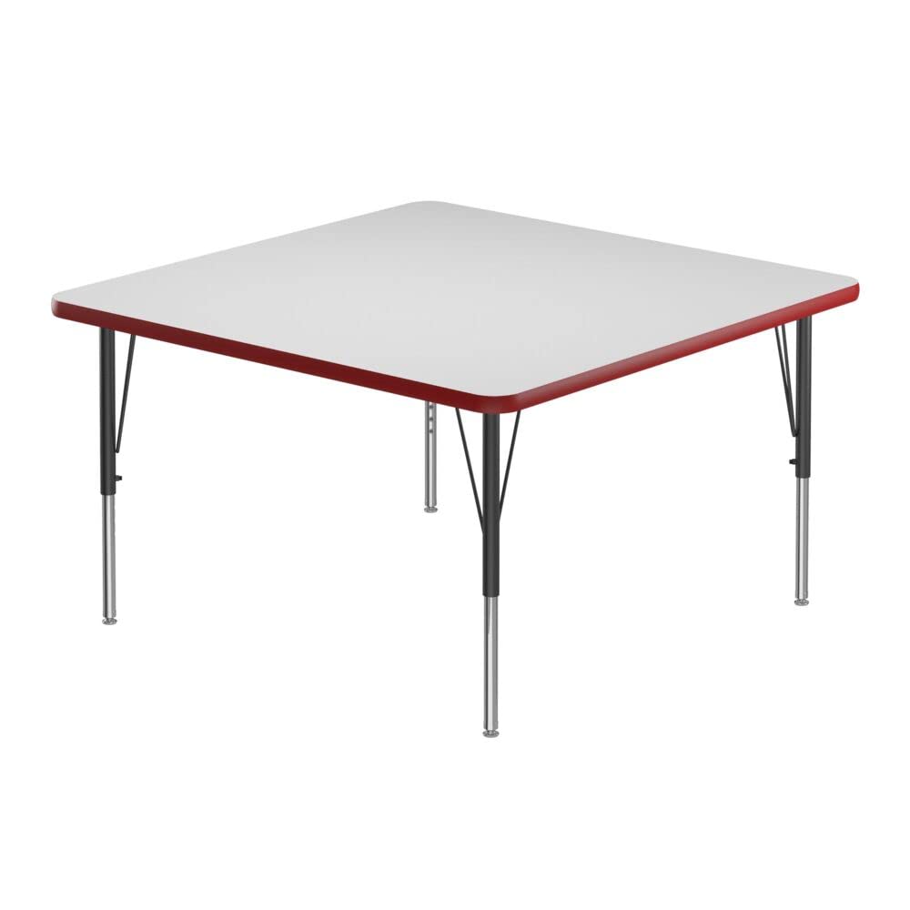 Correll 48" Square Classroom Activity Table, Height Adjustable (19"-29") Markerboard/Dry Erase Durable High Pressure Top, Red Edge, Black/Chrome Legs, School Furniture, Made in The USA