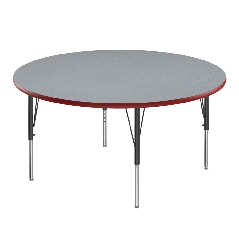 Correll 48" Round Classroom Activity Table, Height Adjustable (19"-29") Gray Granite Top, Red Edge, Durable High Pressure Laminate, Black/Chrome Base, School Furniture, Made in The USA