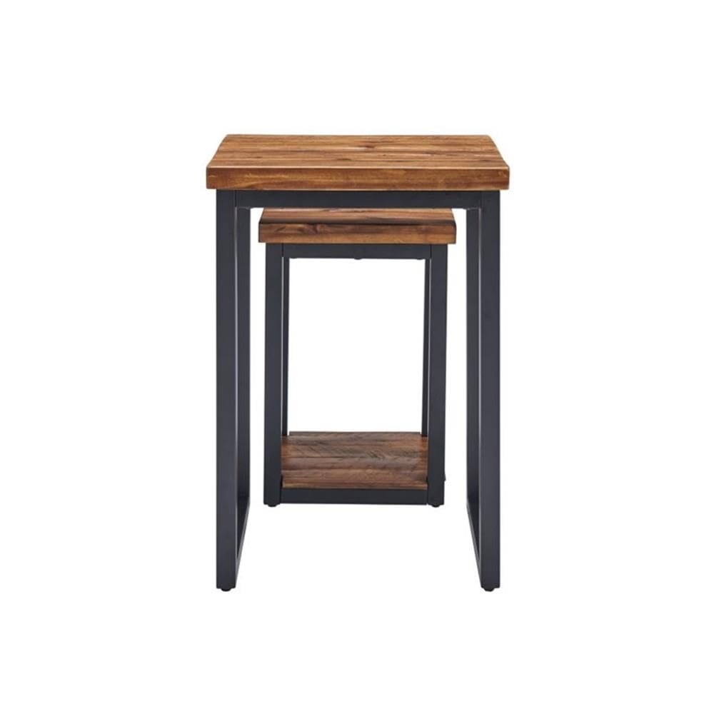 Claremont Rustic Wood Nesting End Tables, Set of 2, Solid Wood and Black-Finished Metal, Large Table 18 in. W x 14 in. D x 26 in. H, Small Table 13.5 in. W x 11.5 in. D x 26 in. H, Drawers and Shelf