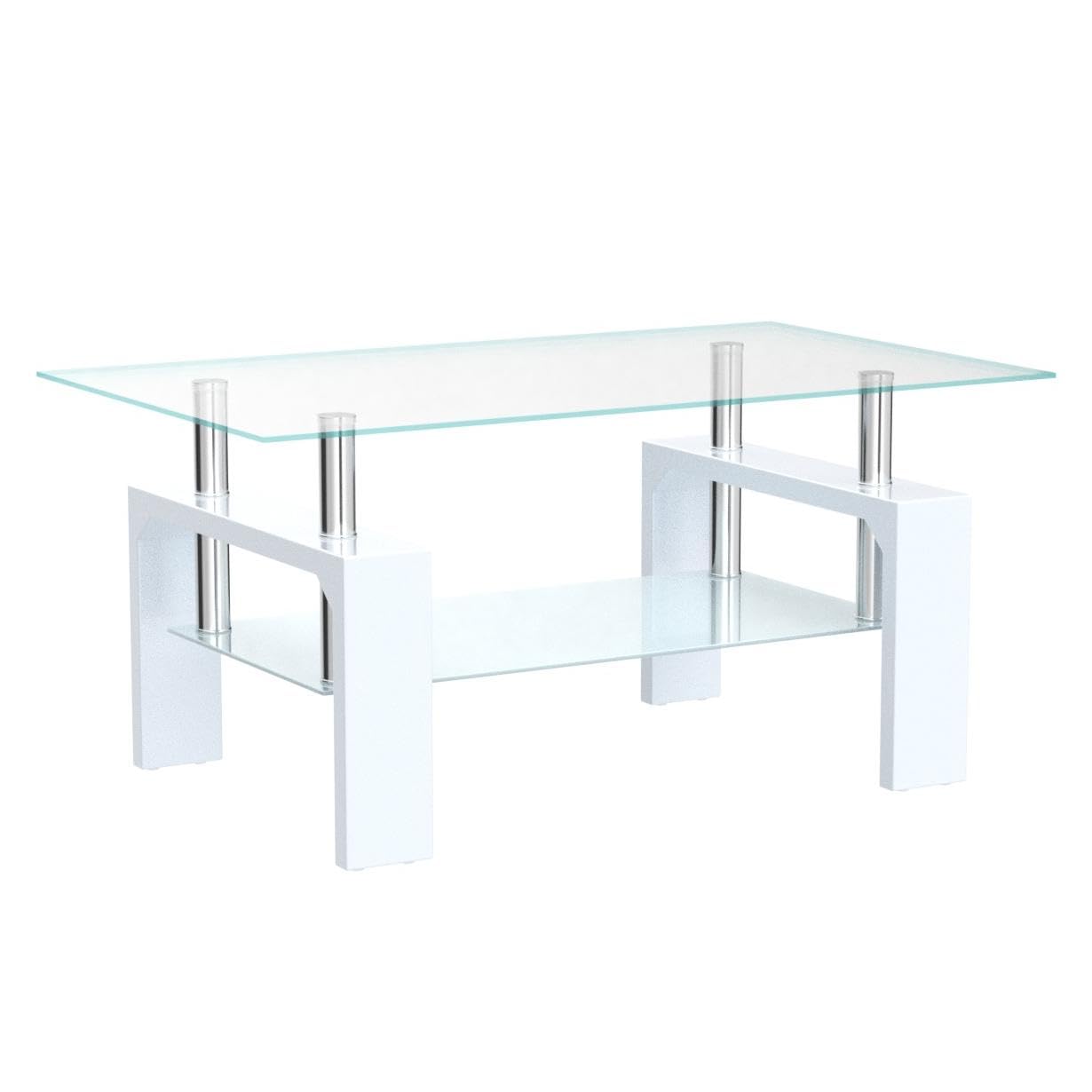Living Room Rectangle Coffee Table, Tea Table Suitable for Waiting Room, Modern Side Coffee Table with Wooden Leg, Glass Tabletop with Lower Shelf, White 39.5 * 23.5 * 17.5