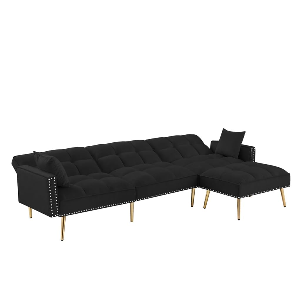 YWMLFZ Black Living Room Sofa Velvet Upholstered Reversible Modular Bed L-Shaped with Metal Legs
