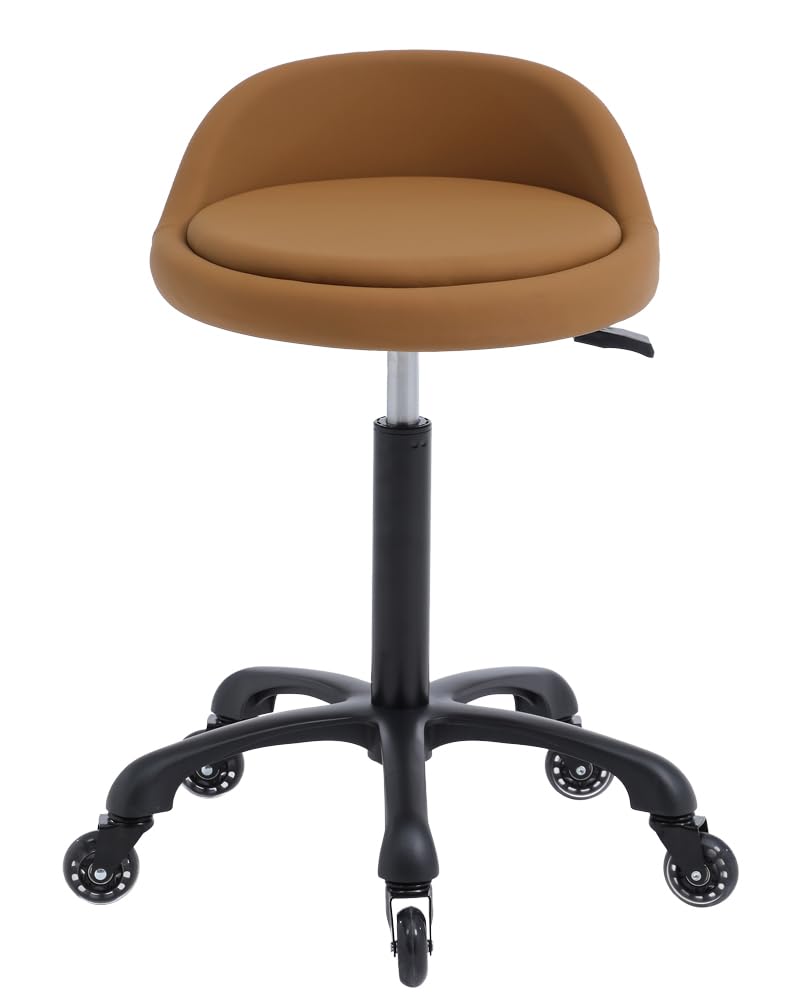 Syiole Rolling Salon Stool Chair with Back Support Hydaulic Height Adjustable on Swivel Wheels Heavy Duty for Hair Cutting Esthetician Tatto Beauty Spa Bar Lab Clinic Kitchen Office Home (Camel)