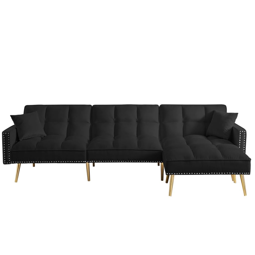 YWMLFZ Black Living Room Sofa Velvet Upholstered Reversible Modular Bed L-Shaped with Metal Legs