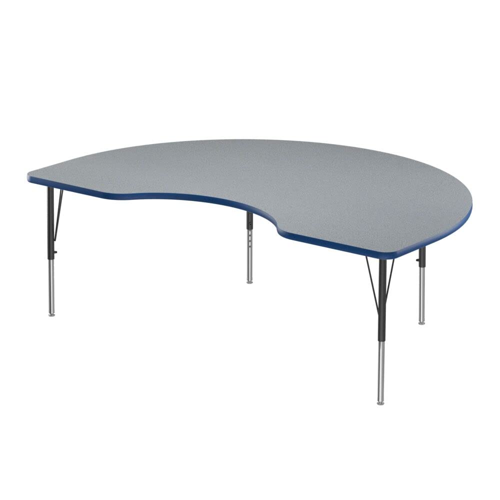 Correll 48"x72" Kidney Shaped Classroom Activity Table, Height Adjustable (19"-29") Gray Granite Top, Blue Edge, Durable High Pressure Laminate, Black/Chrome Base, School Furniture, Made in The USA