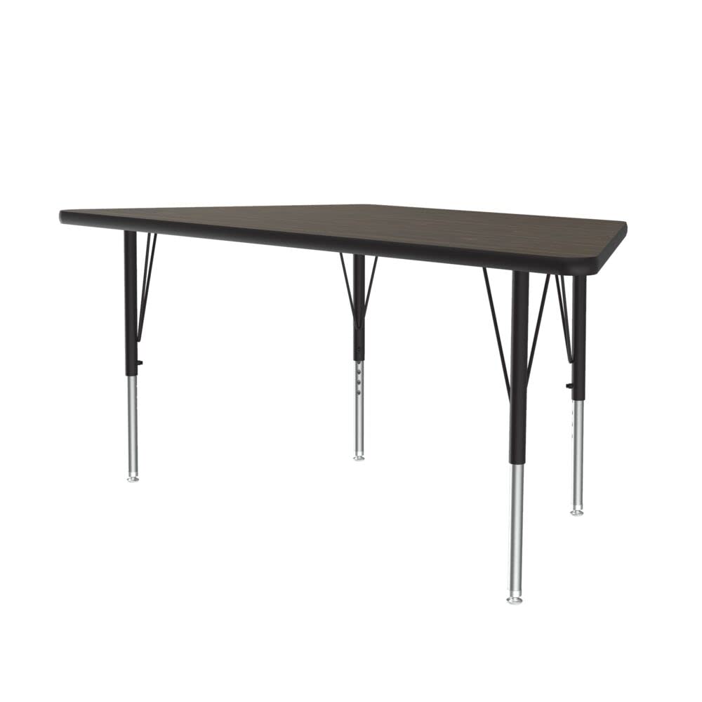 Correll 30"x60" Trapezoid Shaped Econoline Classroom Activity Table, Walnut Melamine Top, Height Adjustable (19"-29"), Black/Chrome Legs, School Furniture, Made in The USA